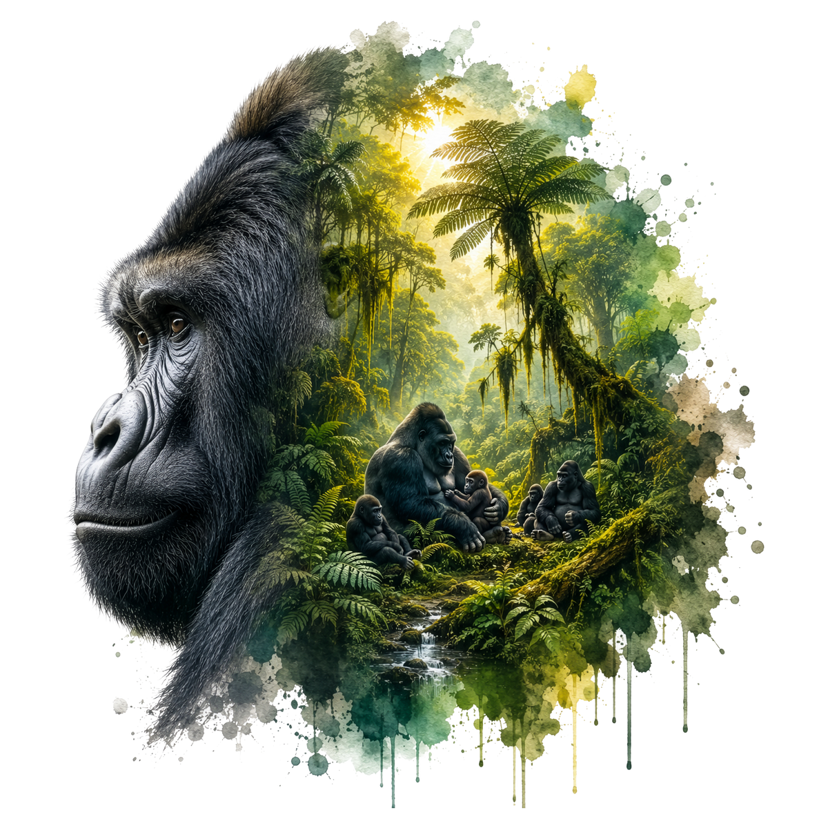 A stylized watercolor artwork showing a large gorilla head in profile merging into a lush green jungle scene with several gorillas, palm trees, and paint-splatter effects on a white background.