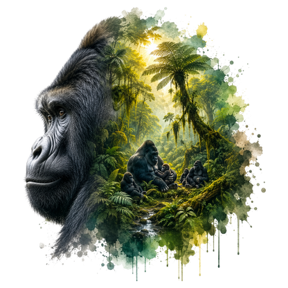 A stylized watercolor artwork showing a large gorilla head in profile merging into a lush green jungle scene with several gorillas, palm trees, and paint-splatter effects on a white background.