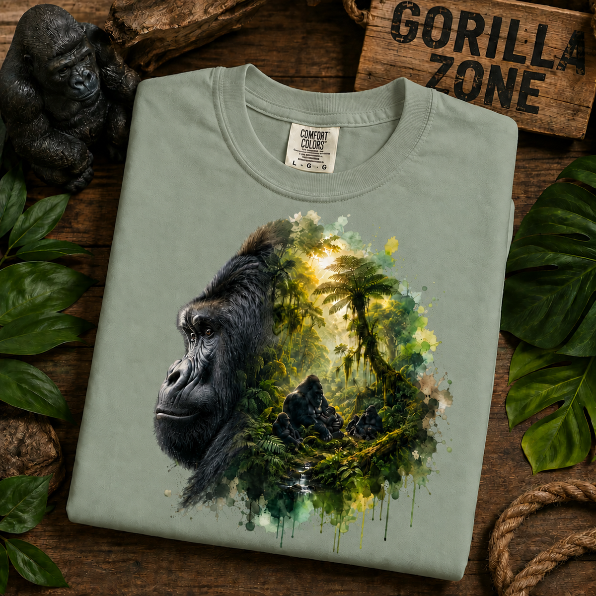 A folded bay colored t-shirt with a detailed gorilla and jungle graphic print, styled on a rustic wooden background with a gorilla figurine, leaves, and a 'GORILLA ZONE' sign.