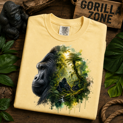 A folded butter colored T-shirt with a large gorilla and jungle graphic on the front, styled on a wooden surface with leaves, rope, a gorilla figurine, and a wooden sign reading "GORILLA ZONE.".