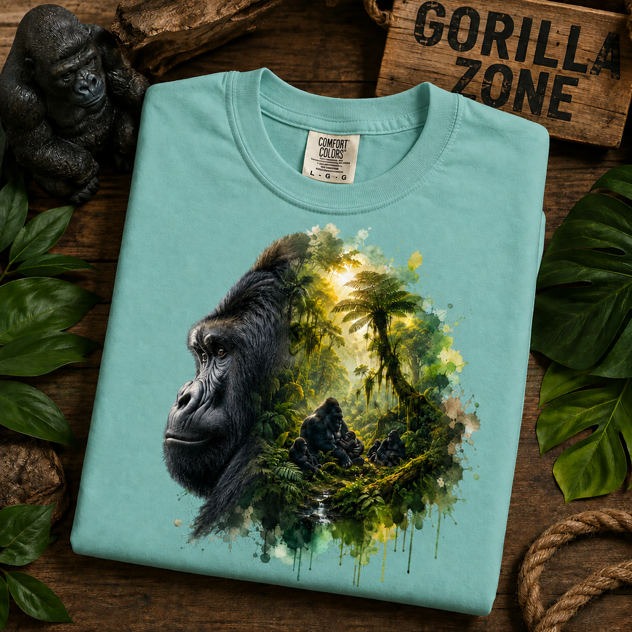 A folded chalky mint colored t-shirt with a detailed gorilla and jungle graphic print, styled on a rustic wooden background with a gorilla figurine, leaves, and a 'GORILLA ZONE' sign.