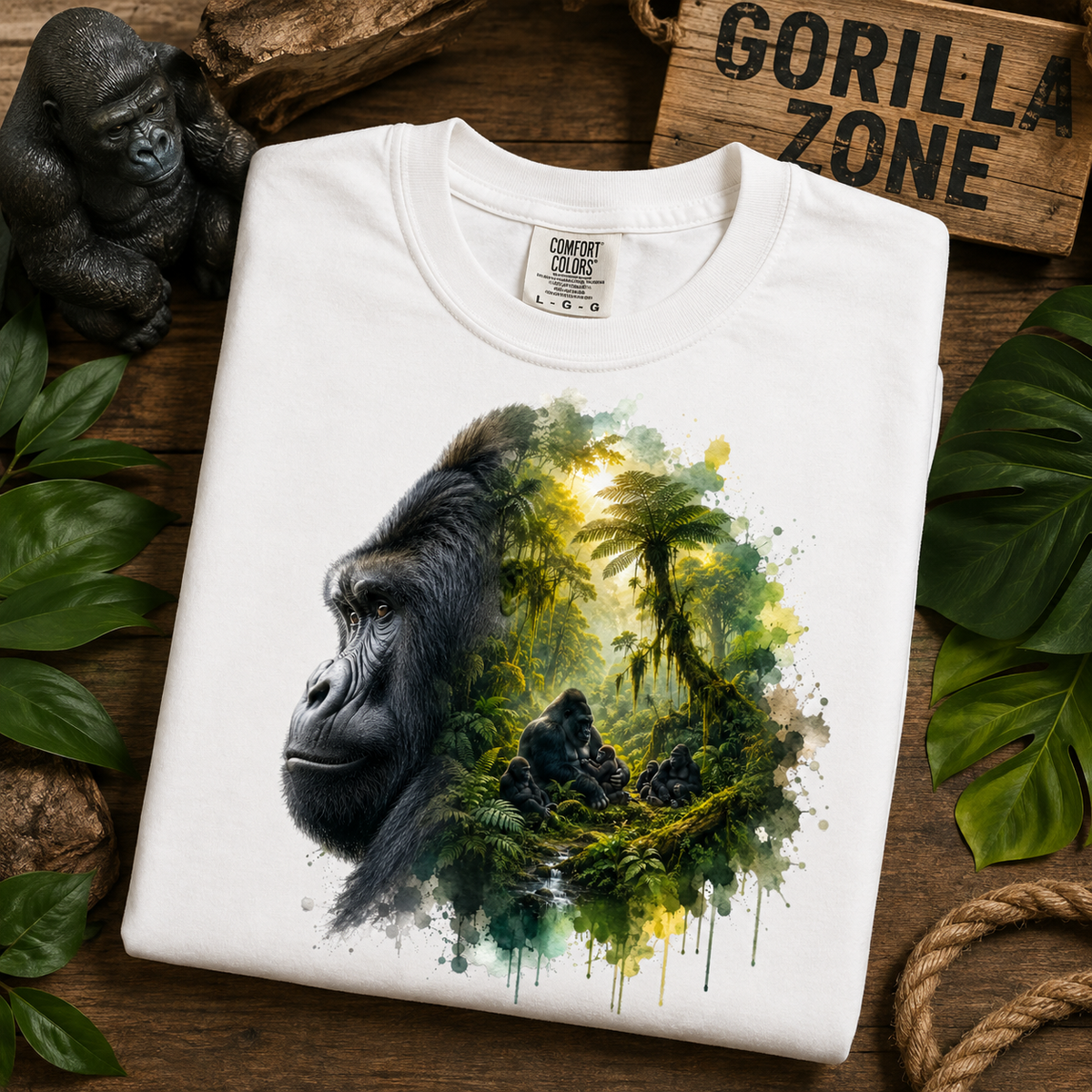 A folded white t-shirt with a graphic print of a gorilla merging into a jungle scene, styled on a wooden surface with a gorilla figurine, green leaves, and a wooden sign that reads 'GORILLA ZONE'.
