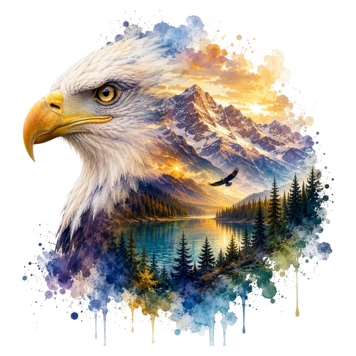 A stylized watercolor artwork featuring a bald eagle in profile over a mountain lake landscape with pine trees, a flying bird, and dramatic golden sky tones, isolated on a black background.