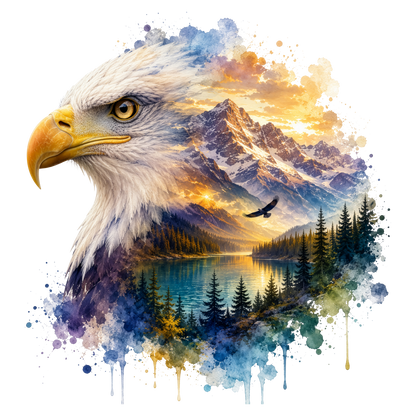 A stylized watercolor artwork featuring a bald eagle in profile over a mountain lake landscape with pine trees, a flying bird, and dramatic golden sky tones, isolated on a black background.