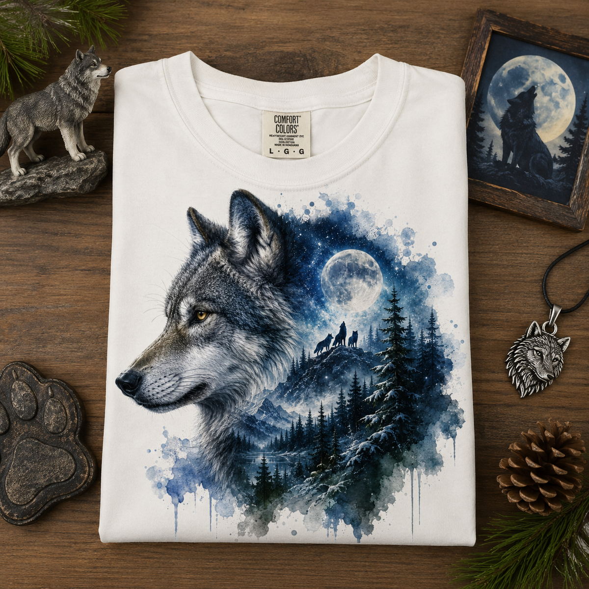 A folded white Comfort Colors t-shirt with a detailed graphic of a wolf and a moonlit forest, displayed on a wooden surface with wolf-themed props.
