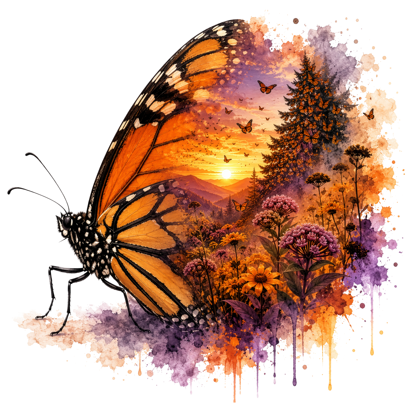 Vibrant watercolor-style artwork featuring a monarch butterfly beside a colorful natural scene with wildflowers, trees, mountains, and a sunset, rendered in orange, purple, yellow, and black on a white background.