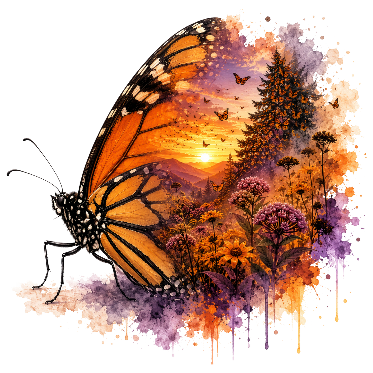 Vibrant watercolor-style artwork featuring a monarch butterfly beside a colorful natural scene with wildflowers, trees, mountains, and a sunset, rendered in orange, purple, yellow, and black on a white background.