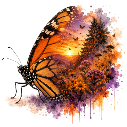 Vibrant watercolor-style artwork featuring a monarch butterfly beside a colorful natural scene with wildflowers, trees, mountains, and a sunset, rendered in orange, purple, yellow, and black on a white background.