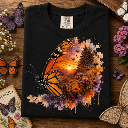A black Comfort Colors t-shirt laid flat on a rustic wooden surface, decorated with butterflies, flowers, and a book. The shirt features a large graphic print of a monarch butterfly over a vibrant sunset landscape with trees and purple floral accents.