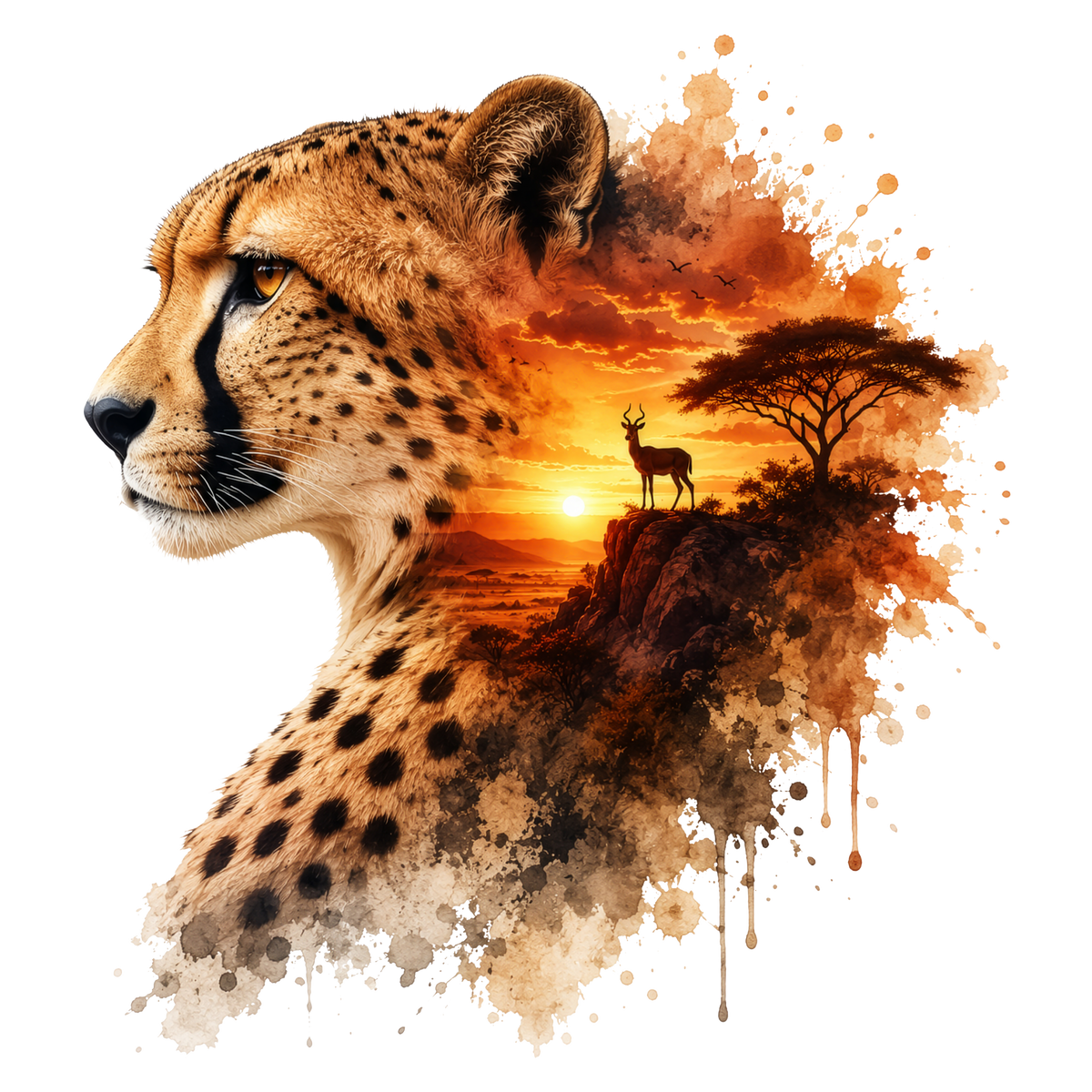 A stylized cheetah profile in tan and black spotted fur, blending into an African savanna sunset scene with a deer, tree, and orange paint-splatter effects on a white background.