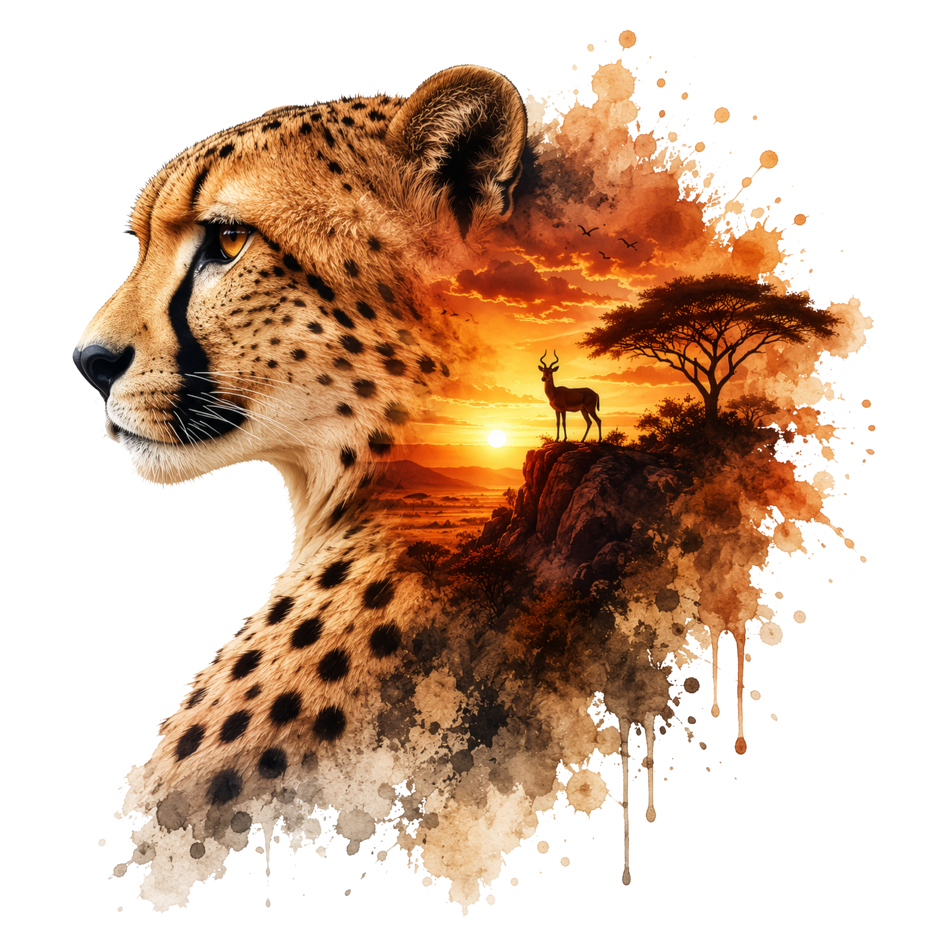 A stylized cheetah profile in tan and black spotted fur, blending into an African savanna sunset scene with a deer, tree, and orange paint-splatter effects on a white background.