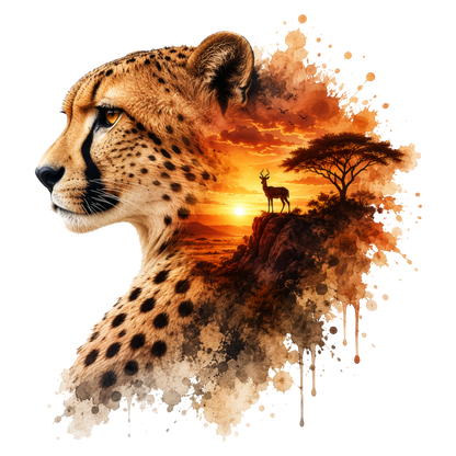 A stylized cheetah profile in tan and black spotted fur, blending into an African savanna sunset scene with a deer, tree, and orange paint-splatter effects on a white background.