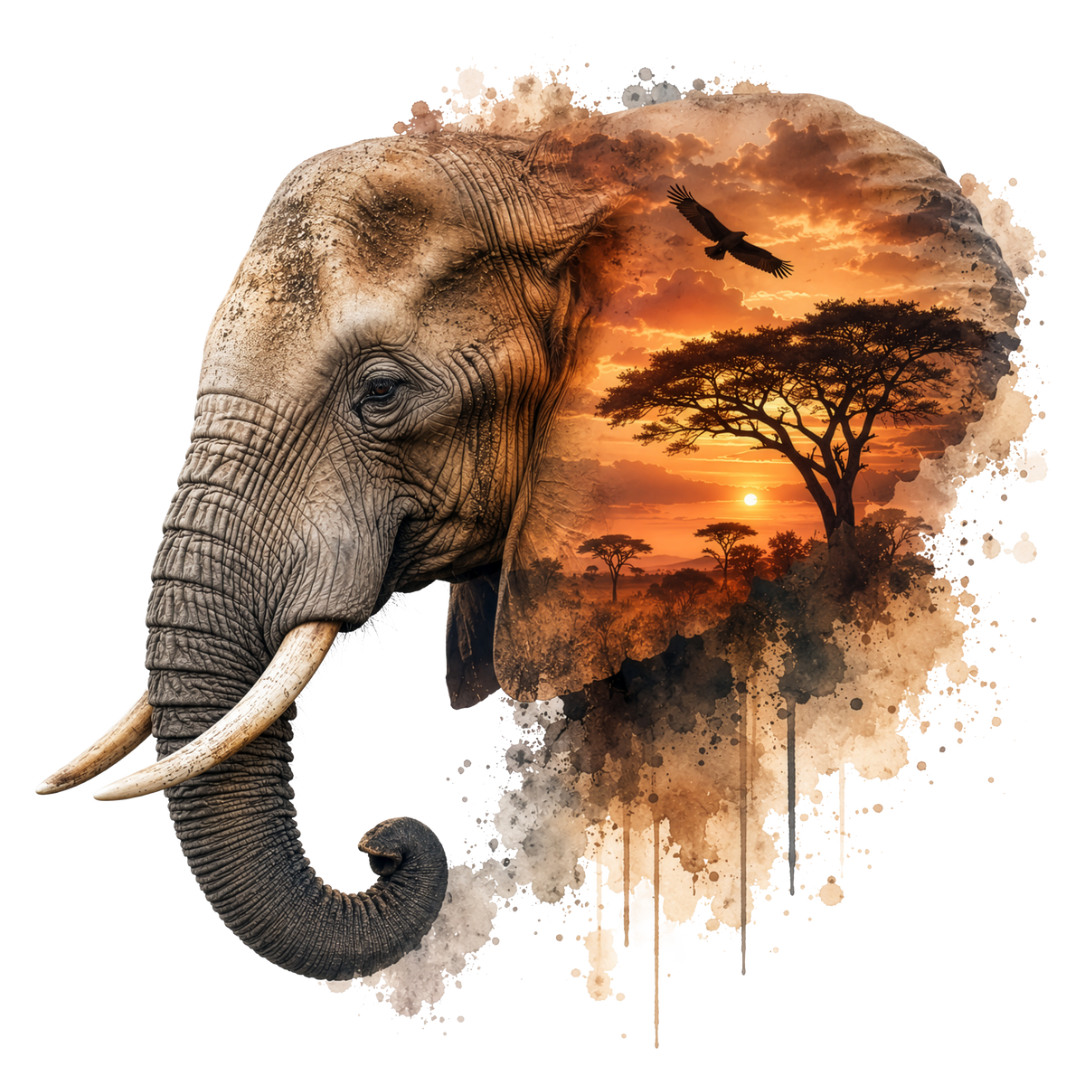 A stylized elephant head dtf on a white background, with the right side filled by a warm savanna sunset scene featuring a tree, bird, and paint-splatter texture.