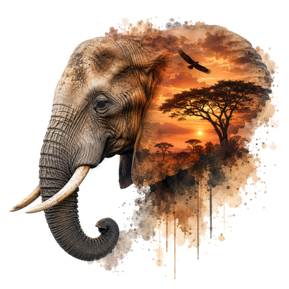 A stylized elephant head dtf on a white background, with the right side filled by a warm savanna sunset scene featuring a tree, bird, and paint-splatter texture.