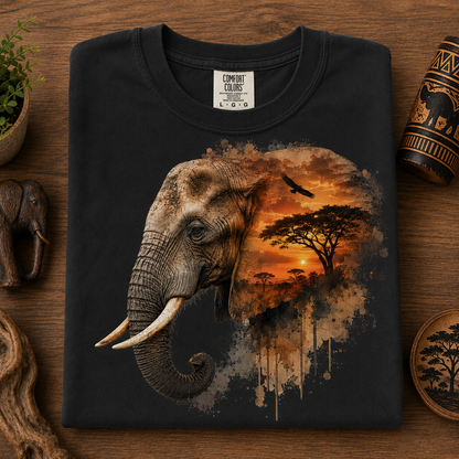 A black Comfort Colors t-shirt is laid flat on a rustic wooden surface, featuring a detailed graphic of an African elephant merging into a savanna sunset scene with a tree silhouette. The shirt is styled with decorative props including a small elephant figurine, a potted plant, and a wooden tumbler.