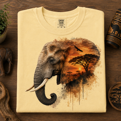 A folded butter colored t-shirt with a graphic print of an elephant merging into an African savanna sunset scene, displayed on a dark wooden background with decorative elephant figurines.