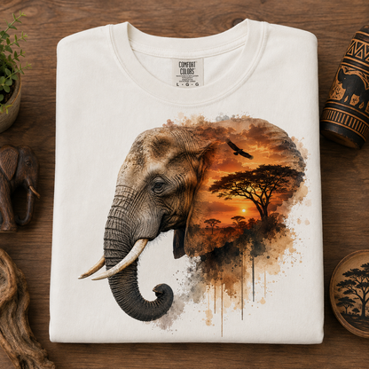 A folded white t-shirt with a graphic print of an African elephant merging into a savanna sunset scene, displayed on a rustic wooden background with decorative props.