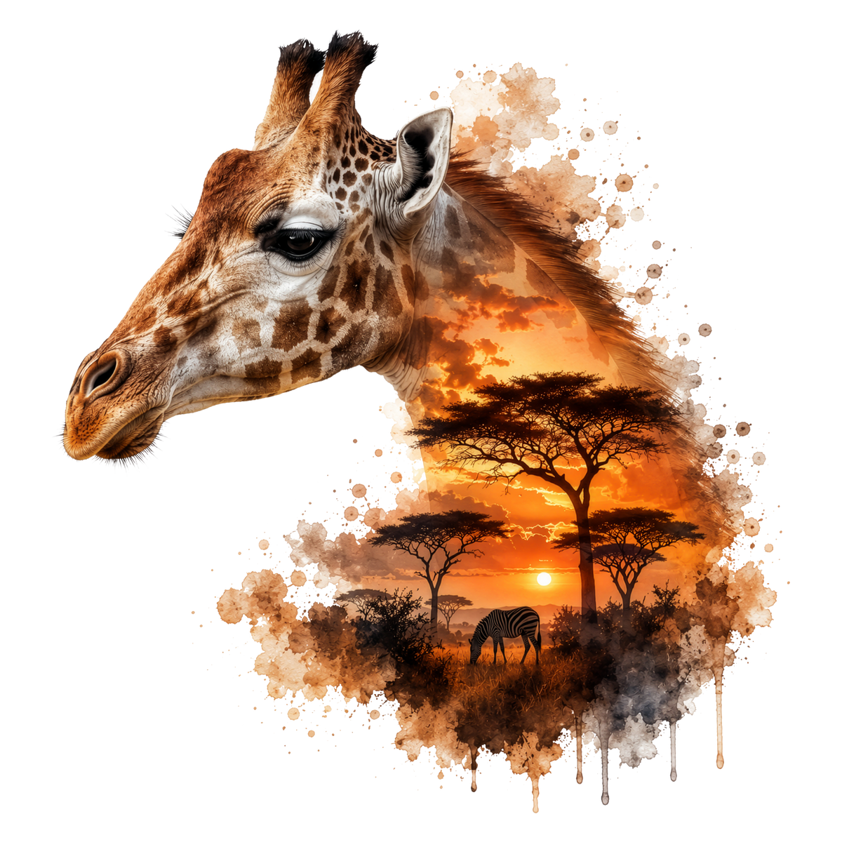 A stylized giraffe head in profile with an African savanna sunset scene layered inside its neck and head, featuring acacia trees, a zebra, and warm orange, brown, and black tones on a white background.