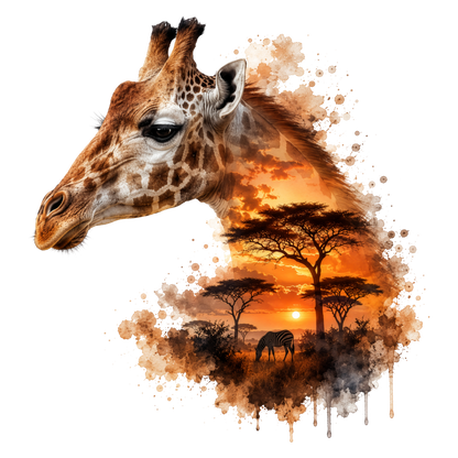 A stylized giraffe head in profile with an African savanna sunset scene layered inside its neck and head, featuring acacia trees, a zebra, and warm orange, brown, and black tones on a white background.