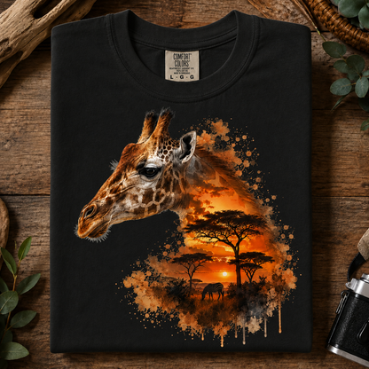 A black short-sleeve t-shirt laid flat on a rustic wooden surface, featuring a large graphic print of a giraffe head merging into an African savanna sunset scene with trees, an elephant, and paint-splatter effects. The neck label reads Comfort Colors.