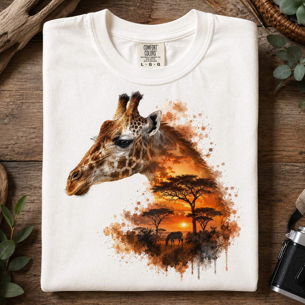 A folded white t-shirt with a detailed graphic print of a giraffe head merging into an African savanna sunset scene, displayed on a rustic wooden background with decorative leaves and a camera.