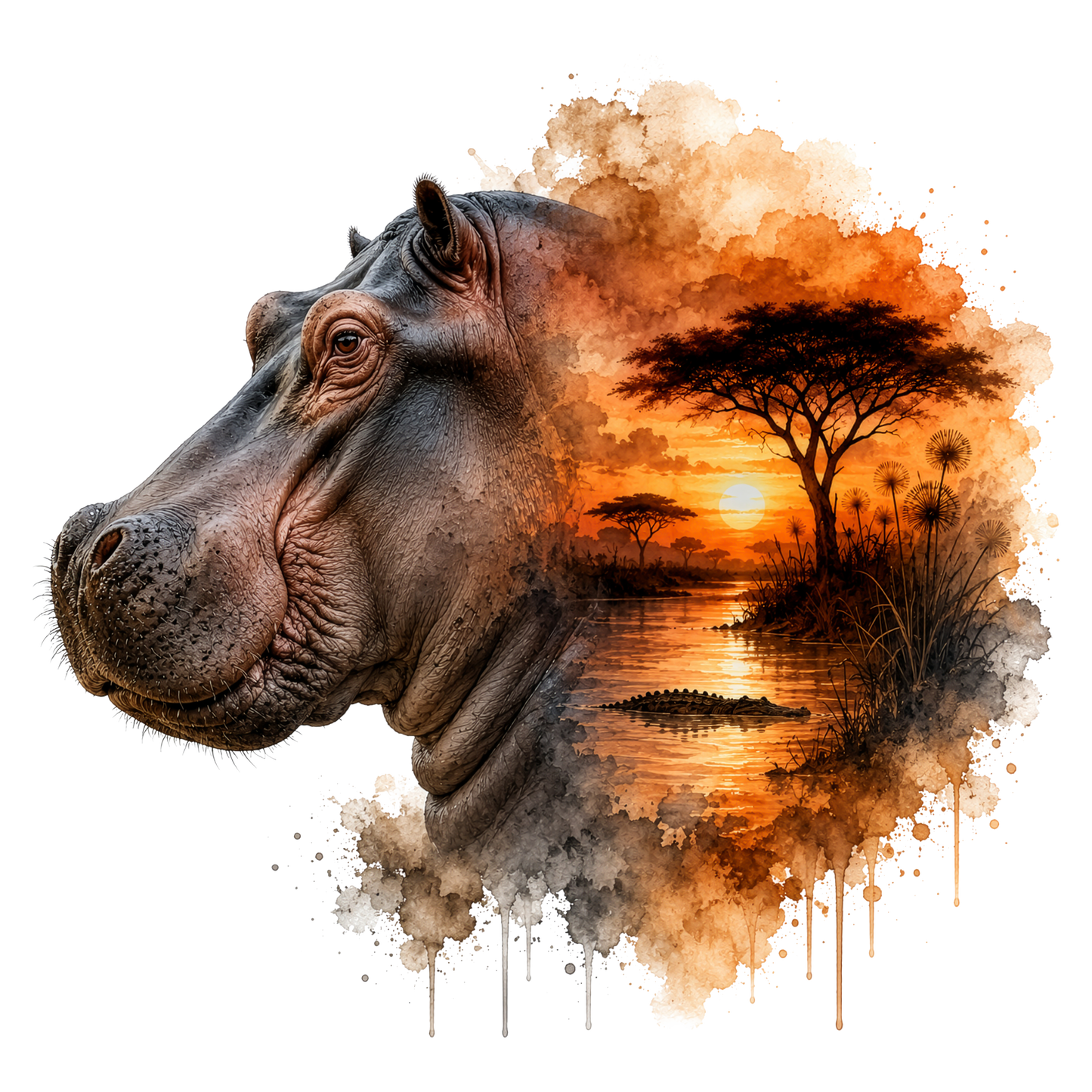 A stylized watercolor dtf showing the side profile of a hippopotamus merging into an African savanna sunset scene with trees, water, and an crocodile silhouette, on a white background.