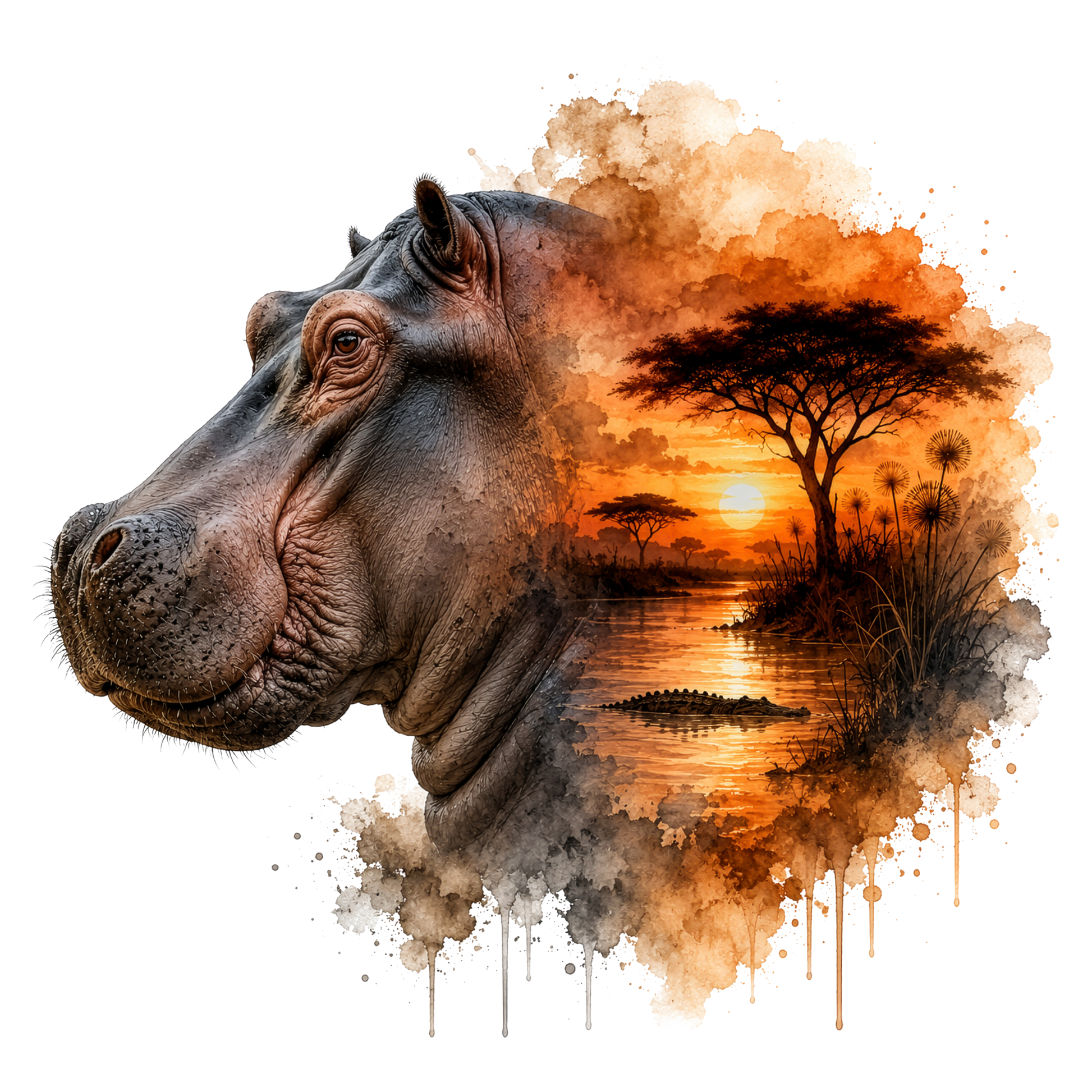 A stylized watercolor dtf showing the side profile of a hippopotamus merging into an African savanna sunset scene with trees, water, and an crocodile silhouette, on a white background.