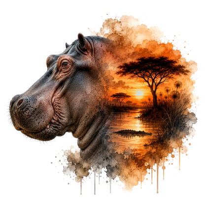 A stylized watercolor dtf showing the side profile of a hippopotamus merging into an African savanna sunset scene with trees, water, and an crocodile silhouette, on a white background.