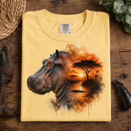 A folded butter colored Comfort Colors t-shirt is displayed flat on a rustic wooden surface. The shirt features a detailed graphic print of a hippopotamus head merging into an African savanna landscape with an acacia tree and sunset.