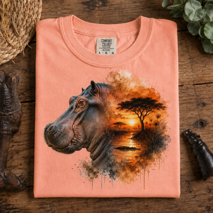 A peach colored short-sleeve t-shirt with a graphic print of a hippopotamus head merging into an African savanna sunset scene, displayed on a rustic wooden background.