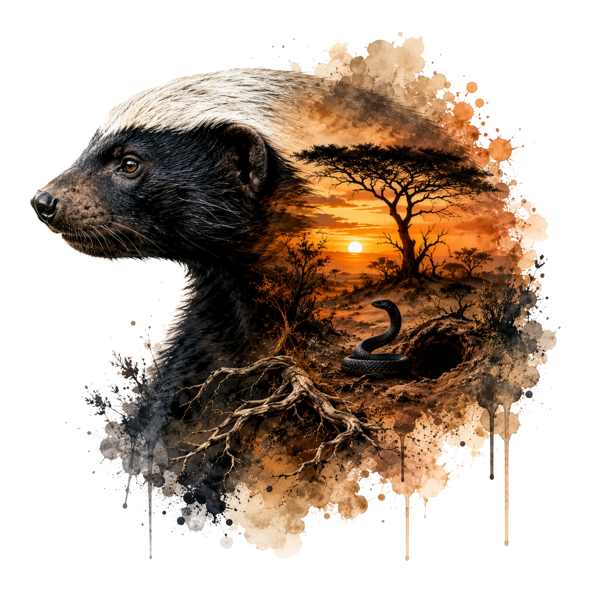 A stylized animal dtf of a badger in profile, blended with a savanna sunset scene featuring trees, a snake, and paint-splatter effects on a white background.