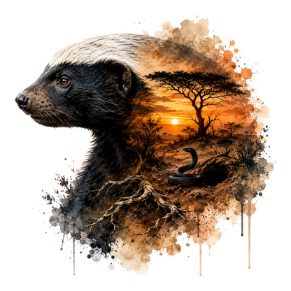 A stylized animal dtf of a badger in profile, blended with a savanna sunset scene featuring trees, a snake, and paint-splatter effects on a white background.
