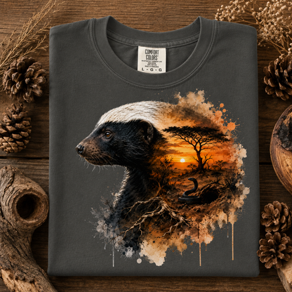 A folded granite colored t-shirt with a graphic print of a badger and an African savanna sunset, styled on a rustic wooden background with pinecones and dried grass.