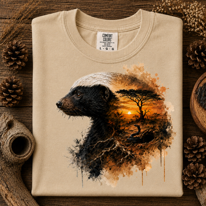 A sandstone colored crewneck sweatshirt laid flat on a rustic wooden surface, decorated with pinecones and dried grass. The front features a graphic print of a badger's head merging into an African savanna landscape with an acacia tree and sunset.