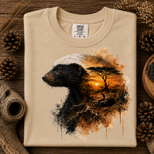 A sandstone colored crewneck sweatshirt laid flat on a rustic wooden surface, decorated with pinecones and dried grass. The front features a graphic print of a badger's head merging into an African savanna landscape with an acacia tree and sunset.