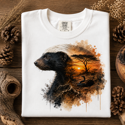 A white Comfort Colors t-shirt with a detailed graphic print of a badger and an African savanna landscape, laid flat on a rustic wooden background with pinecones and dried grass.