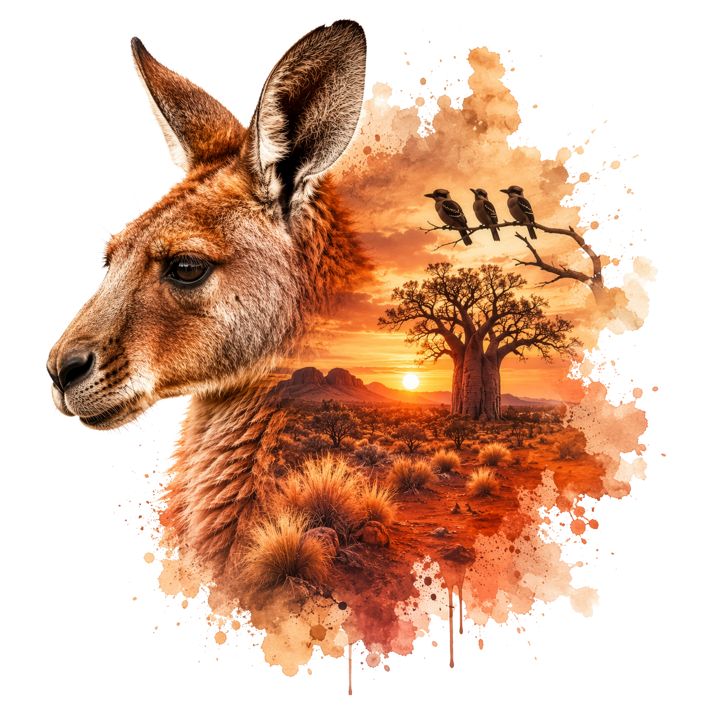 A stylized kangaroo head in profile blends into a watercolor Australian landscape with a sunset, tree, birds, and paint splashes on a white background.