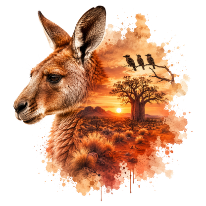 A stylized kangaroo head in profile blends into a watercolor Australian landscape with a sunset, tree, birds, and paint splashes on a white background.