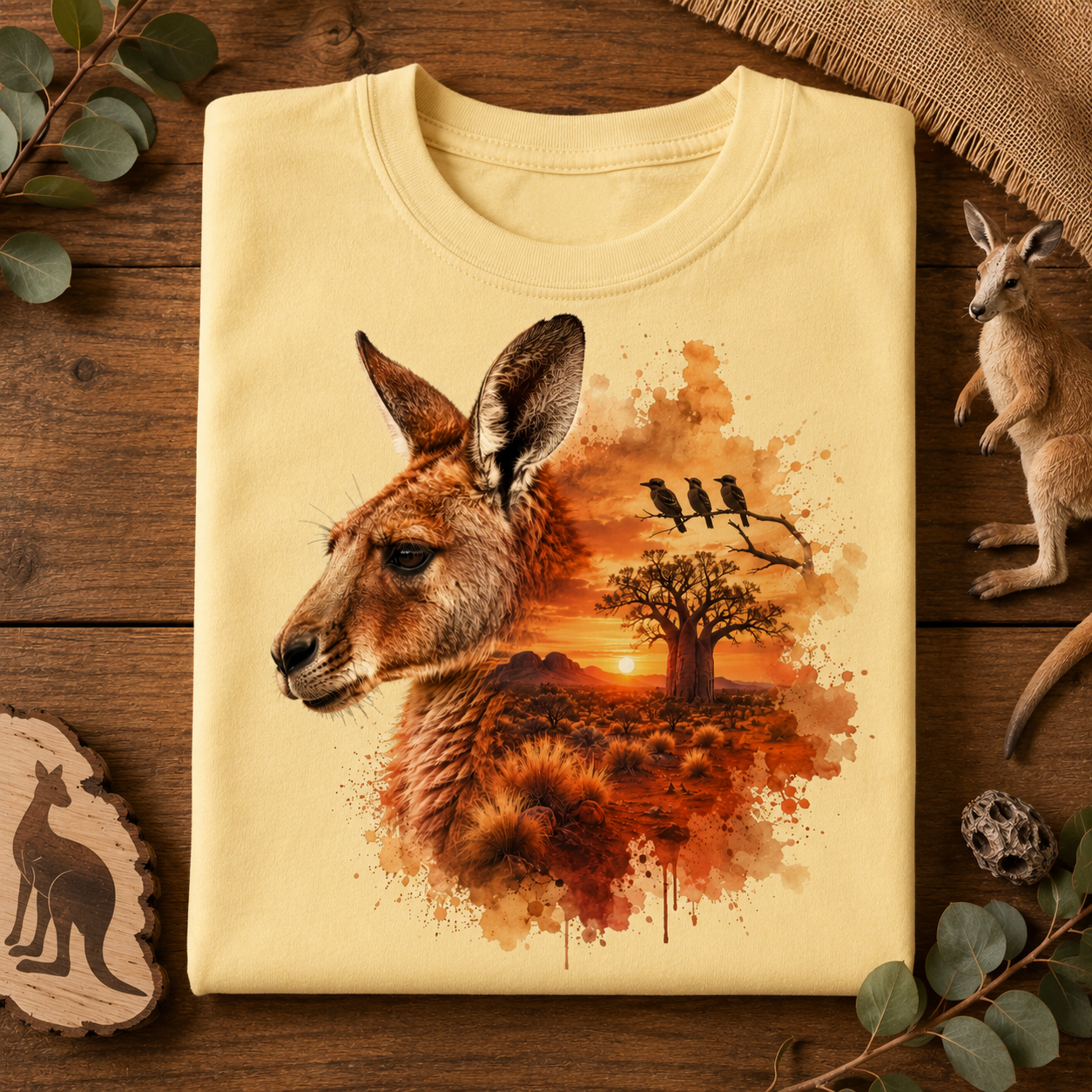 A folded butter colored t-shirt with a detailed kangaroo and Australian outback landscape graphic, displayed on a rustic wooden surface with eucalyptus leaves, a small kangaroo figurine, and a burlap fringed edge.