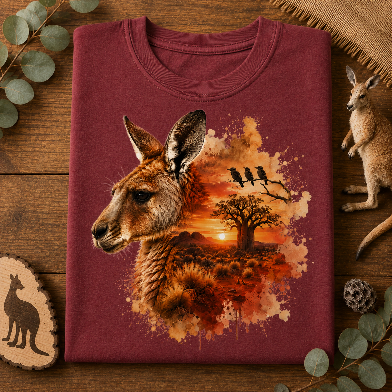 A folded chili colored crewneck t-shirt with a kangaroo and sunset landscape graphic, styled on a wooden surface with kangaroo figurines and eucalyptus leaves.