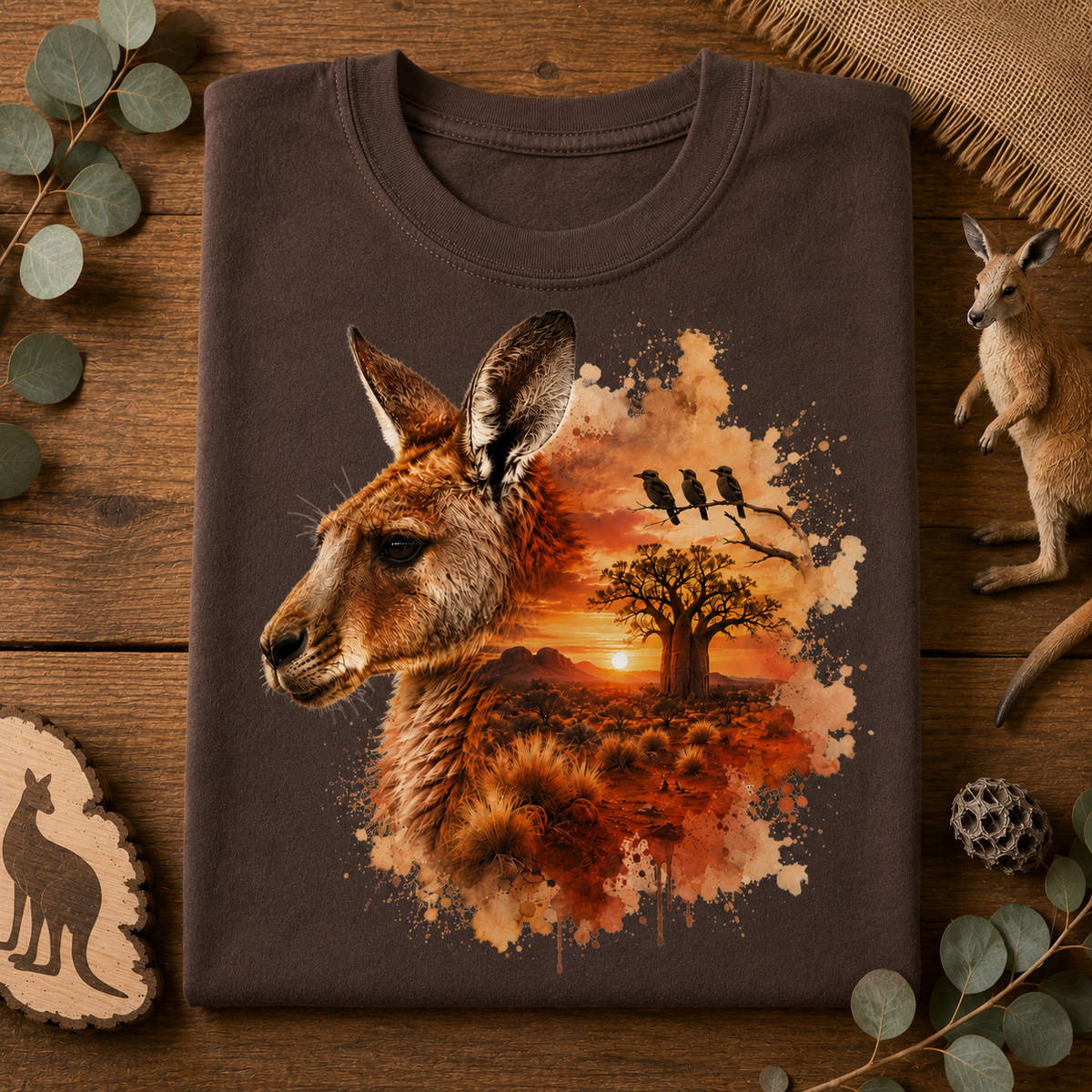 A folded expresso colored t-shirt is displayed on a rustic wooden surface, decorated with eucalyptus leaves, a small kangaroo figurine, and a wooden kangaroo silhouette. The t-shirt features a large graphic print of a kangaroo's head merging into an Australian landscape with a sunset, tree, and birds.