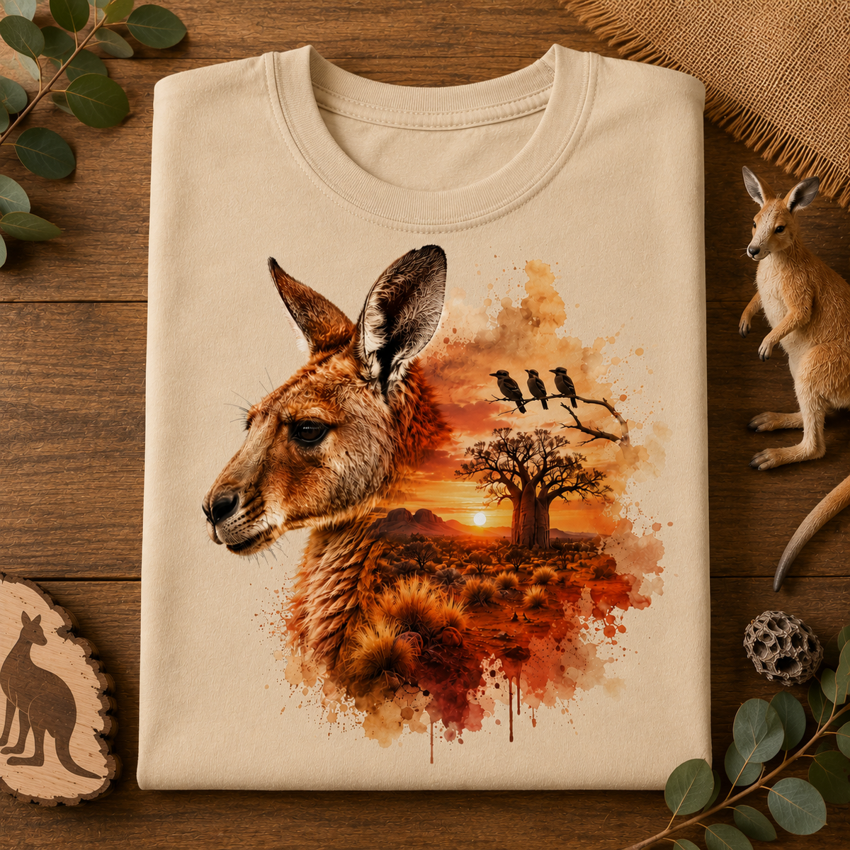 A folded sandstone colored t-shirt with a detailed kangaroo and Australian landscape watercolor print, styled on a wooden surface with eucalyptus leaves, a kangaroo figurine, and a wooden kangaroo silhouette.