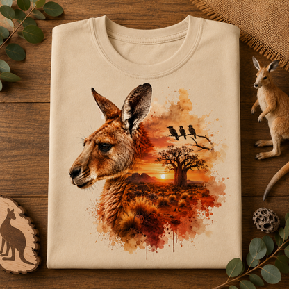 A folded sandstone colored t-shirt with a detailed kangaroo and Australian landscape watercolor print, styled on a wooden surface with eucalyptus leaves, a kangaroo figurine, and a wooden kangaroo silhouette.