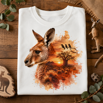 A folded white T-shirt with a large kangaroo and sunset landscape graphic in warm orange, brown, and black tones, styled on a wooden surface with kangaroo figurines, eucalyptus leaves, and a wood slice.