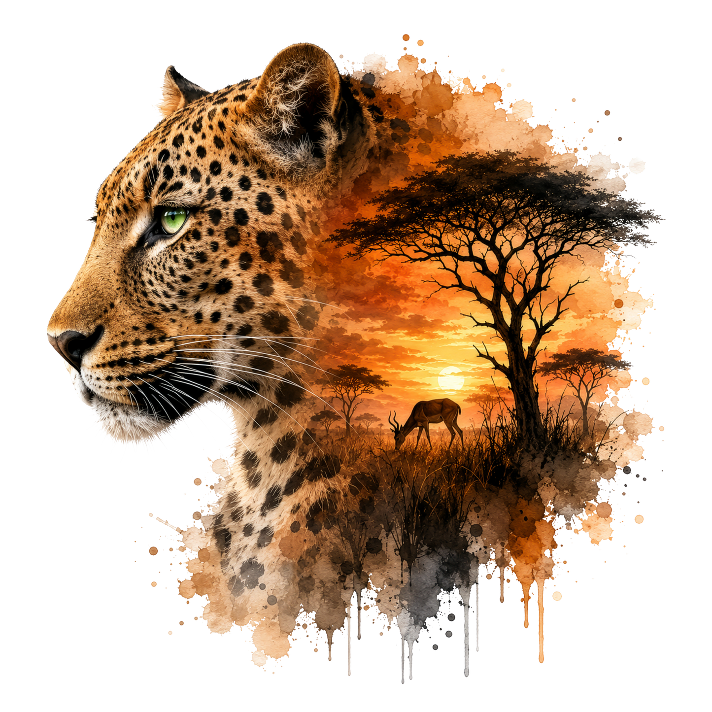 A stylized t-shirt DTF showing the side profile of a leopard with a watercolor-style African savanna scene behind it, including an acacia tree, sunset, and a deer, on a black background.