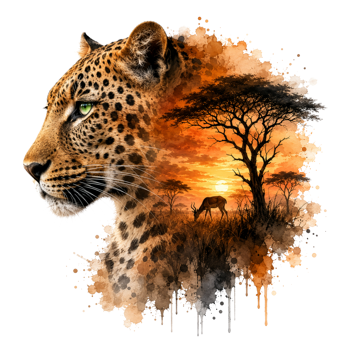 A stylized t-shirt DTF showing the side profile of a leopard with a watercolor-style African savanna scene behind it, including an acacia tree, sunset, and a deer, on a black background.