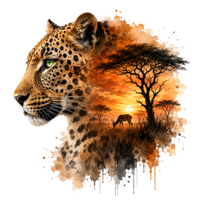 A stylized t-shirt DTF showing the side profile of a leopard with a watercolor-style African savanna scene behind it, including an acacia tree, sunset, and a deer, on a black background.
