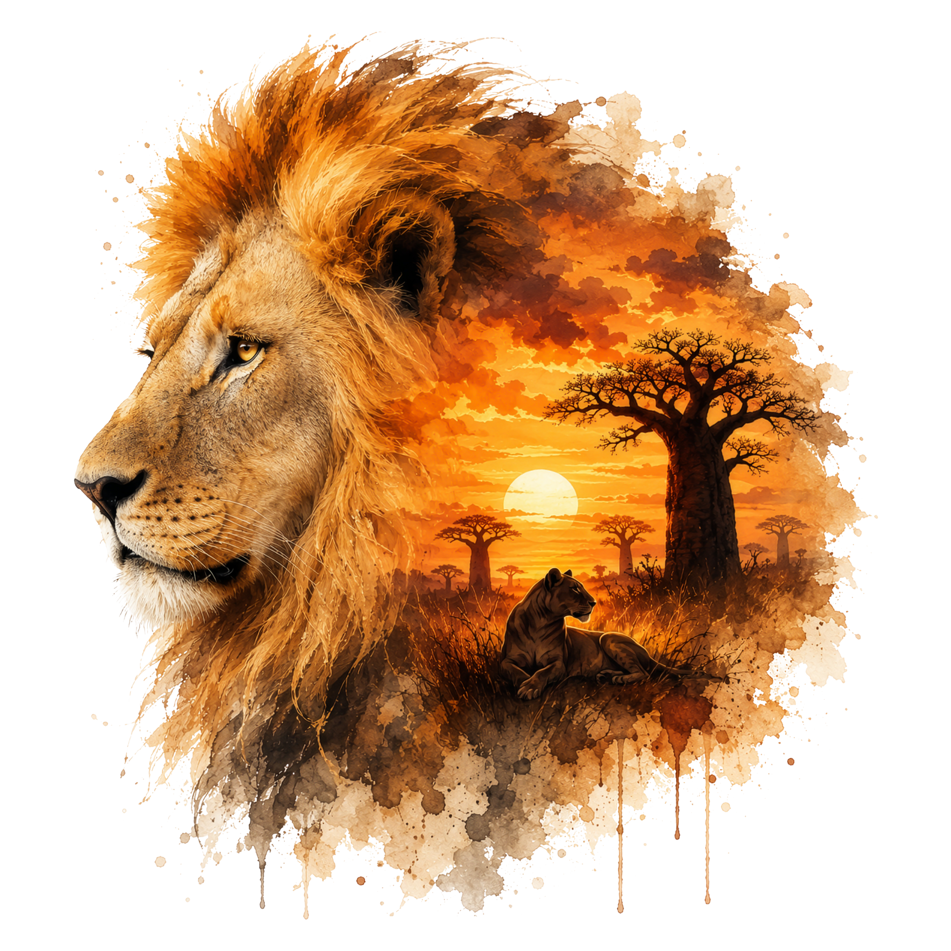 Watercolor-style lion portrait with a savanna sunset scene behind it, including a tree, sun, and a lion resting in the grass, on a white background.