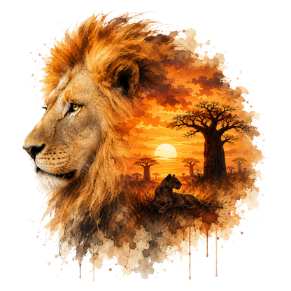 Watercolor-style lion portrait with a savanna sunset scene behind it, including a tree, sun, and a lion resting in the grass, on a white background.