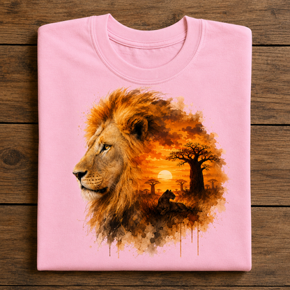 A folded blossom t-shirt with a detailed graphic print of a lion in profile, set against a watercolor savanna sunset scene with a baobab tree and a small lion cub. The t-shirt is laid flat on a dark wood plank background.